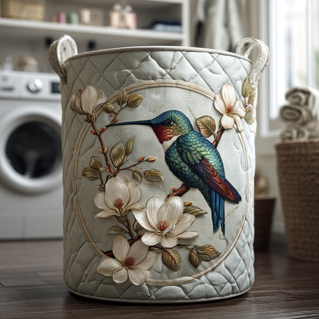 Quilted laundry basket with hummingbirds and lace effect details by Louise London
