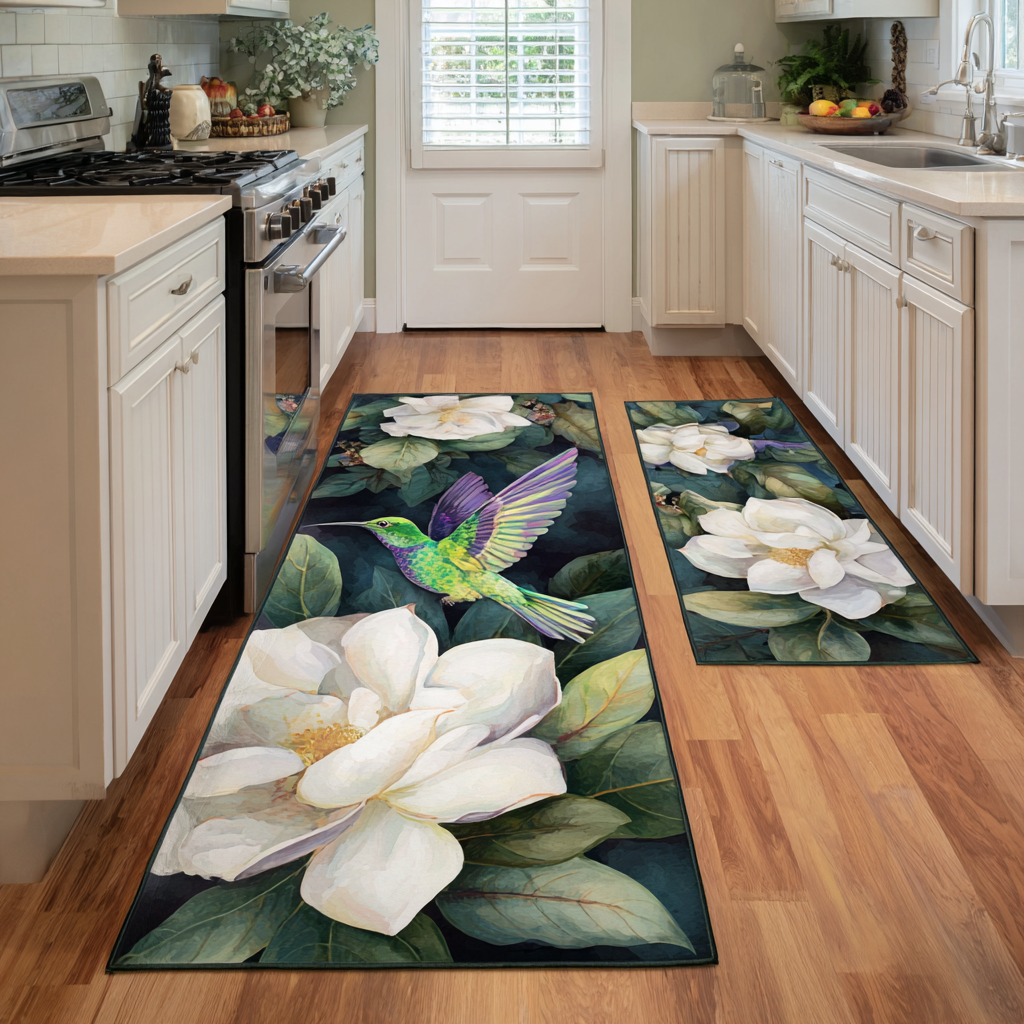 Non-slip kitchen rug with hummingbirds by Louise London