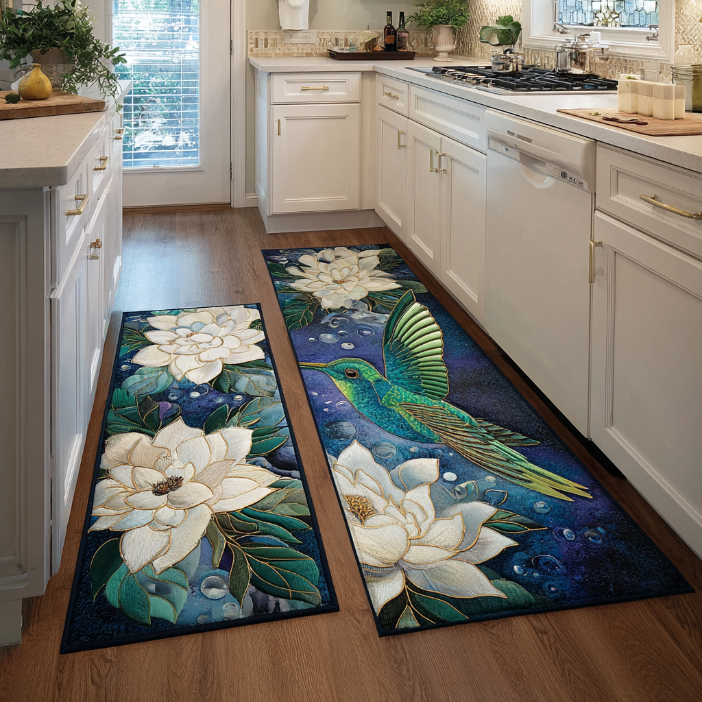 Non-slip kitchen rug with hummingbirds and a light atmosphere by Louise London