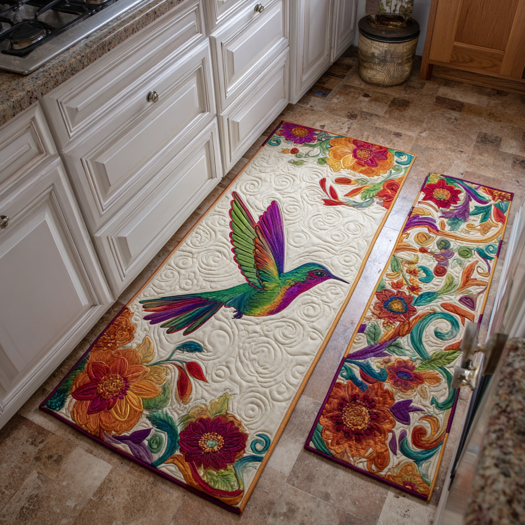 Non-slip kitchen rug with delicate hummingbird by Louise London