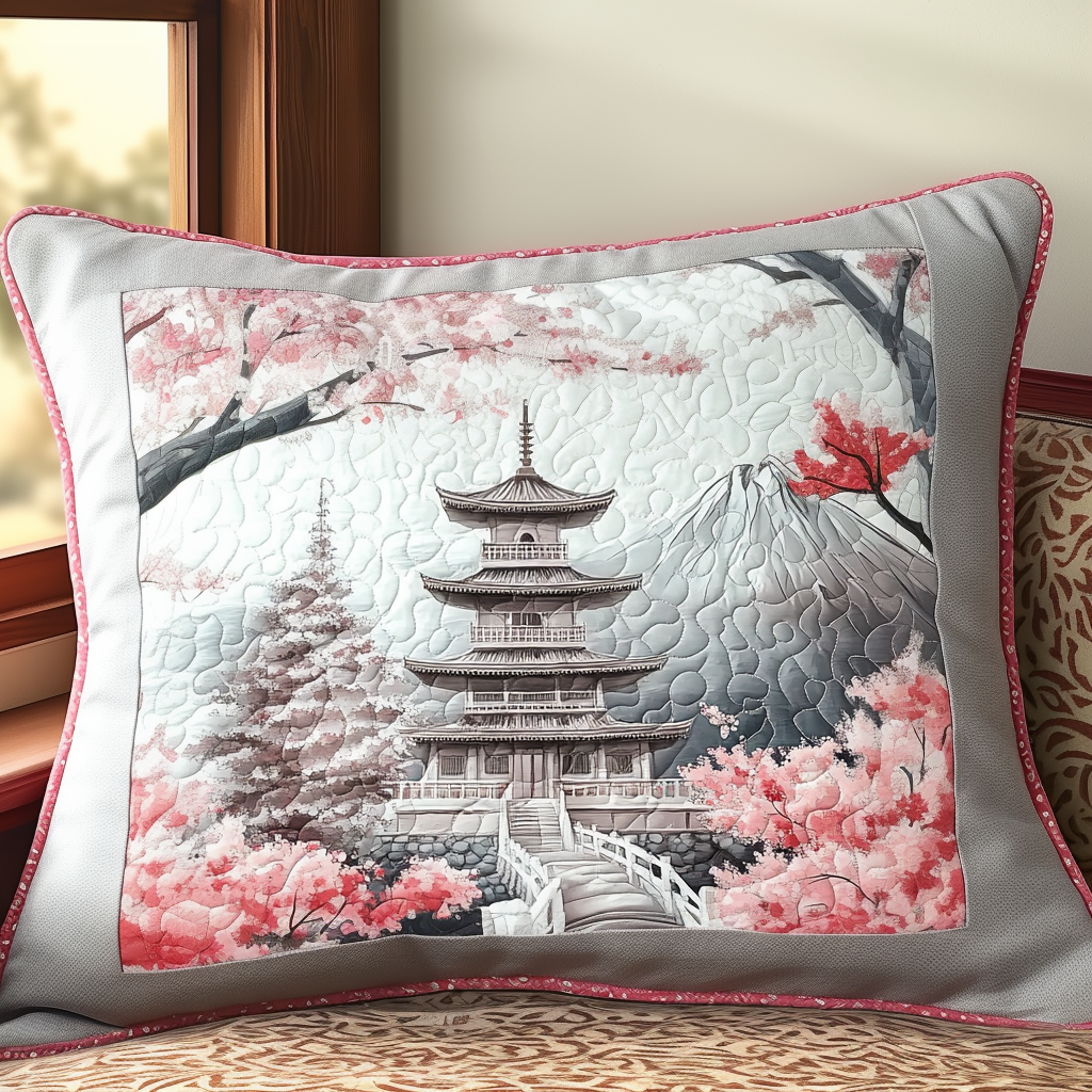 Quilted pillow cover with Japanese pagoda and flowers NCU0DV6035