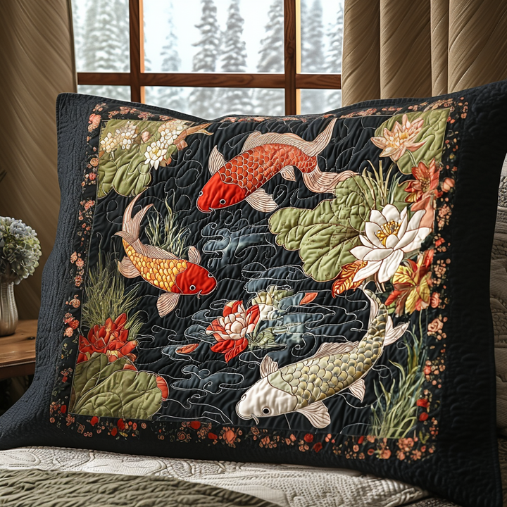 Quilted pillow cover with elegant Japanese carps by Louise London