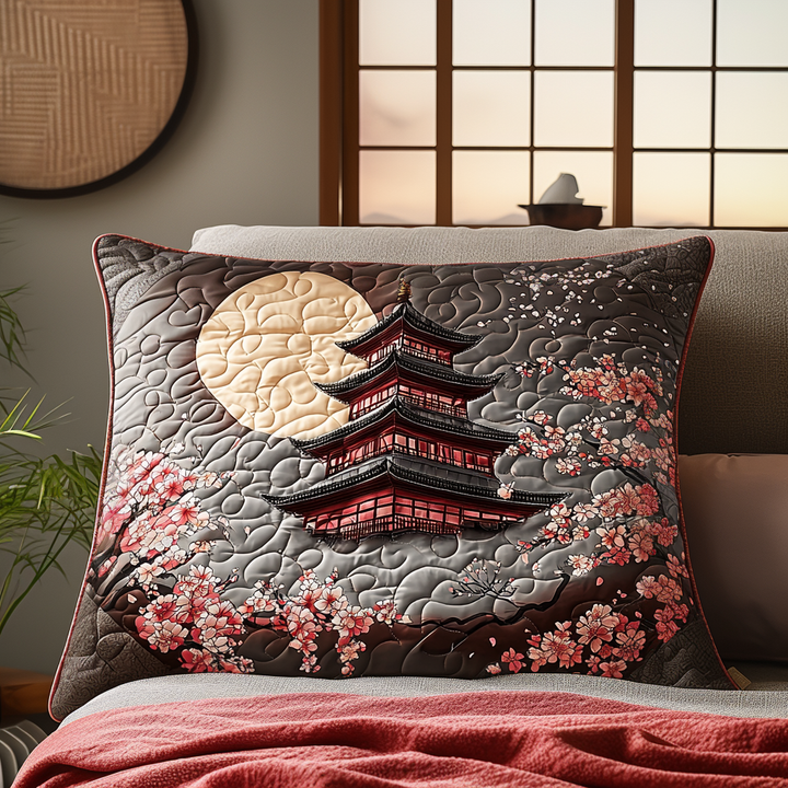 Quilted cushion cover with ancient Japanese pagoda and moon NCU0DV6471