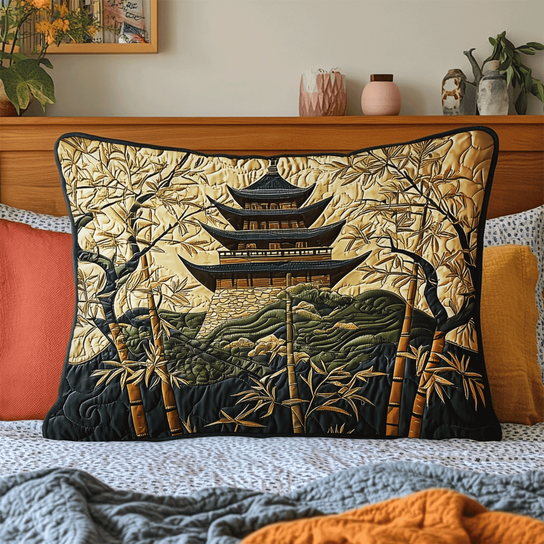 Quilted pillow cover with Japanese pagoda and golden path NCU0DV6398