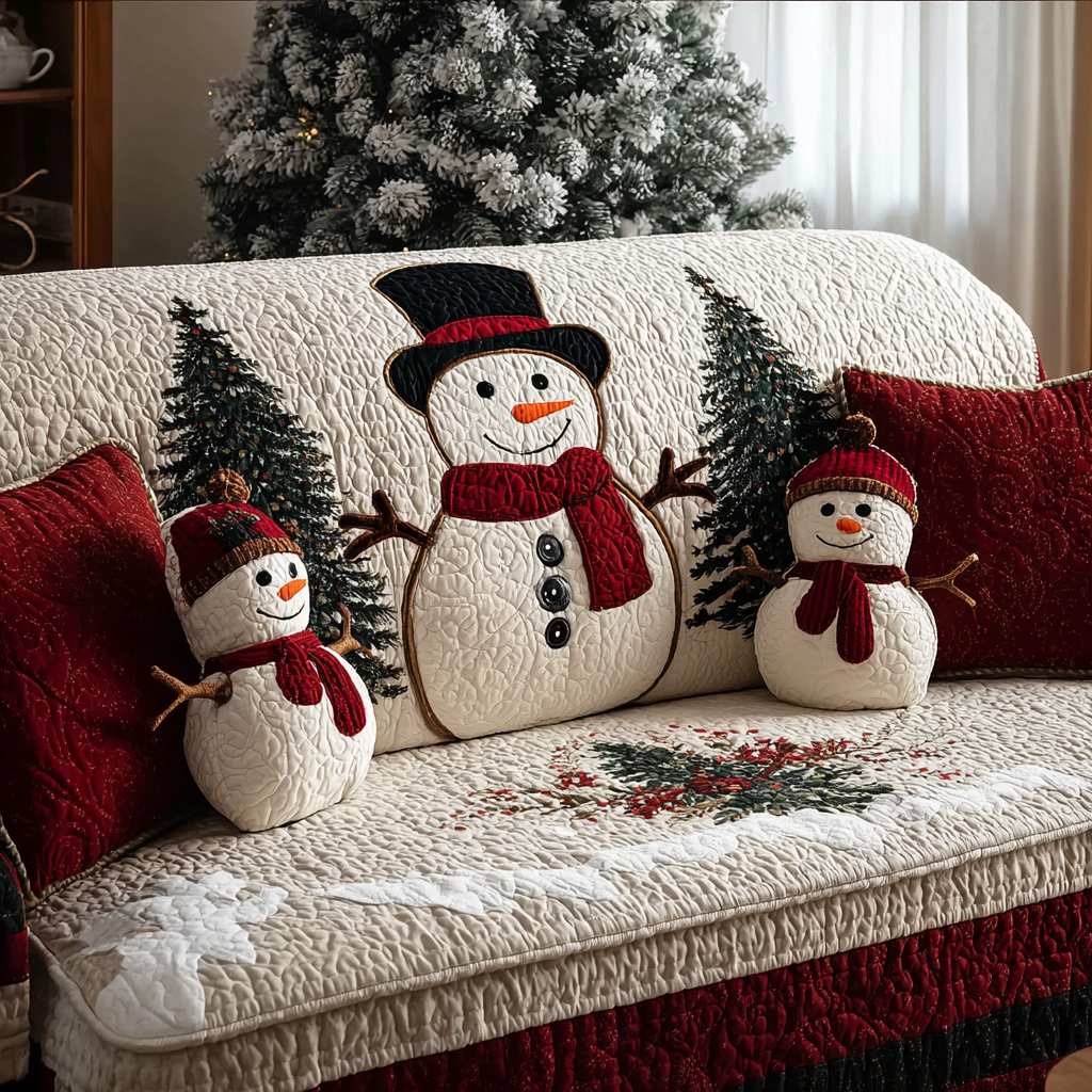 Quilted sofa cover with smiling snowman – Louise London