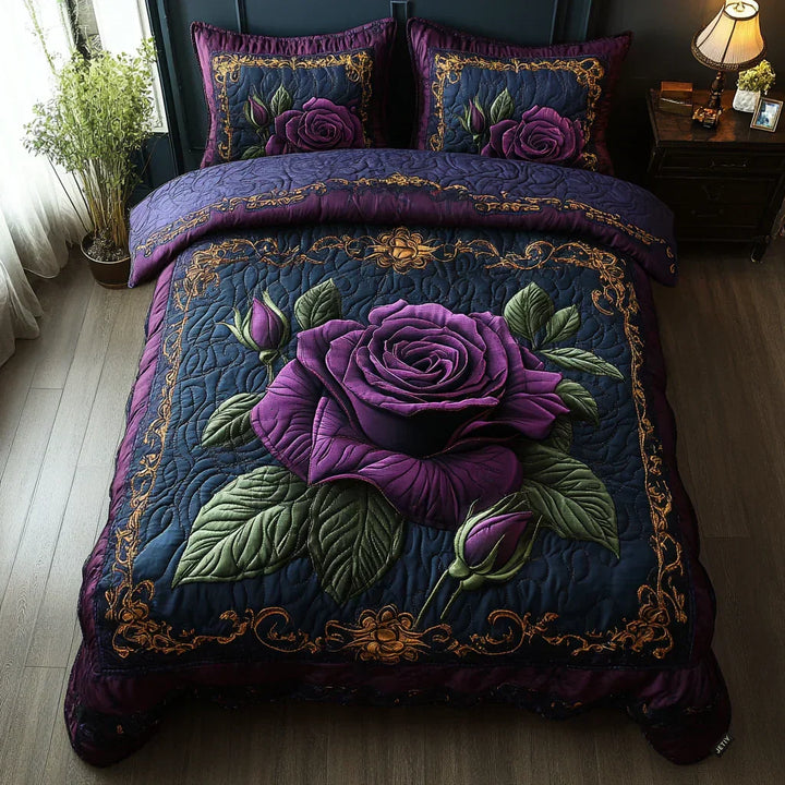 Quilted 3-Piece Bedding Set - Pink Purple