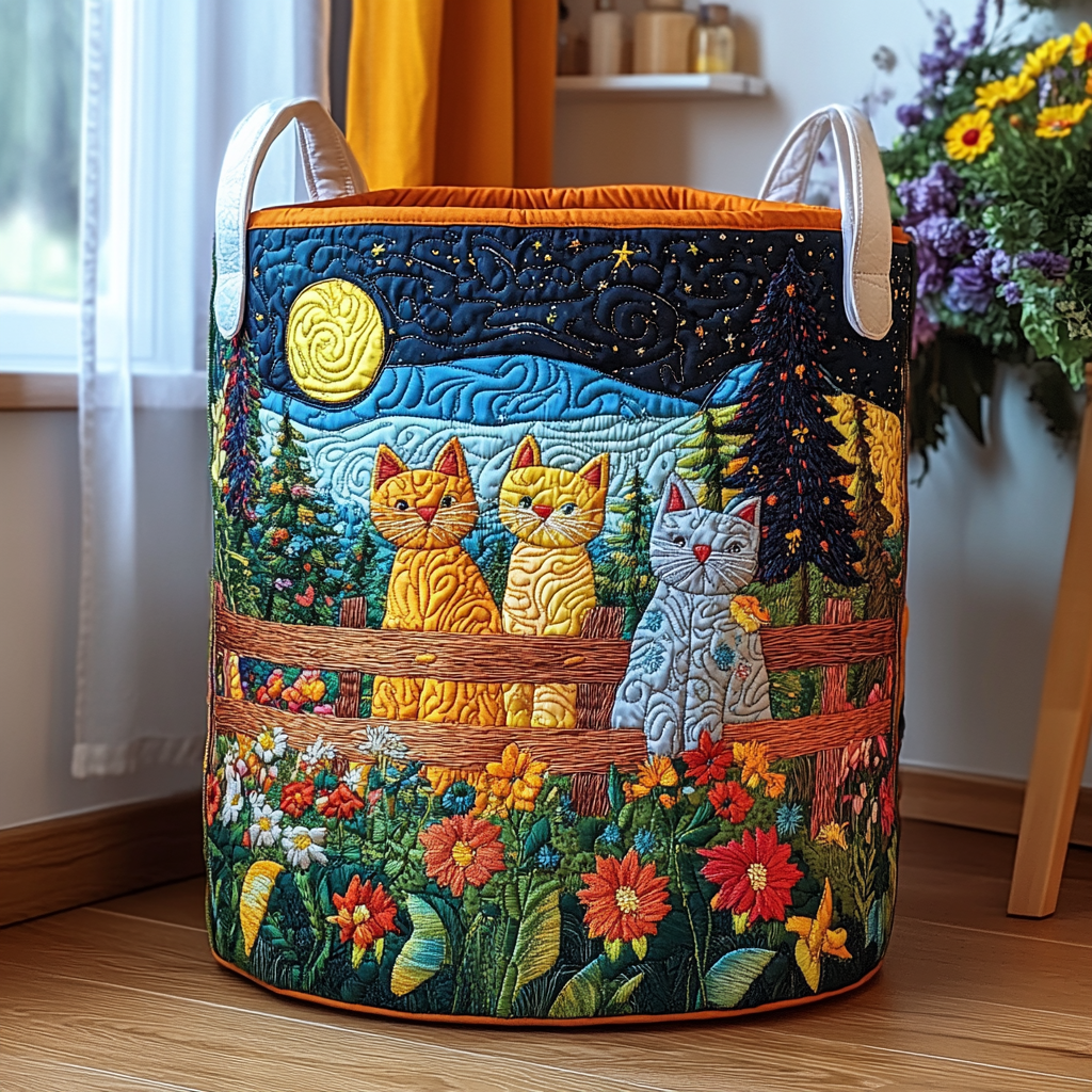 Padded laundry basket with relaxed cat by Louise London