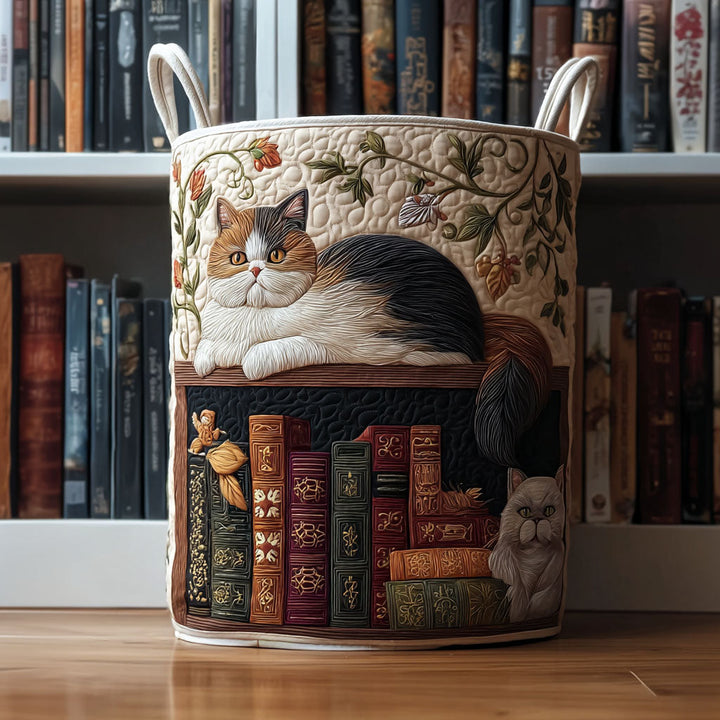 Quilted laundry basket with cat and books by Louise London