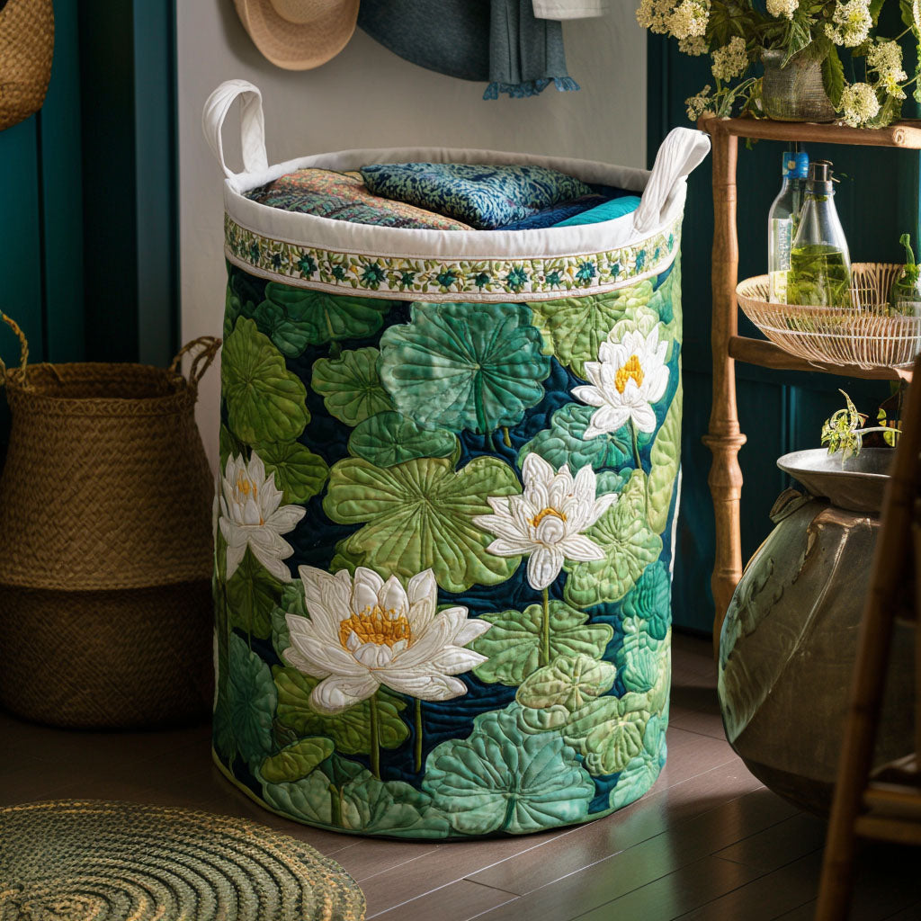 Quilted laundry basket with delicate lilies by Louise London