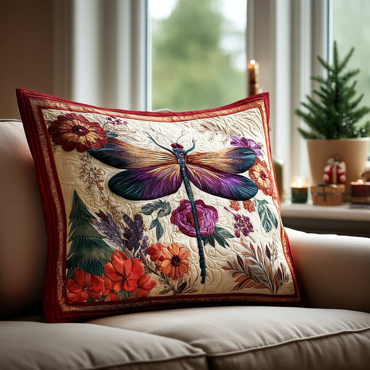 Quilted pillow cover with magical dragonfly by Louise London