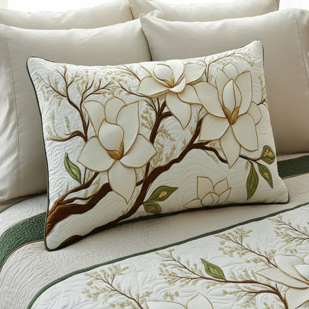 Quilted pillow cover with blooming magnolia