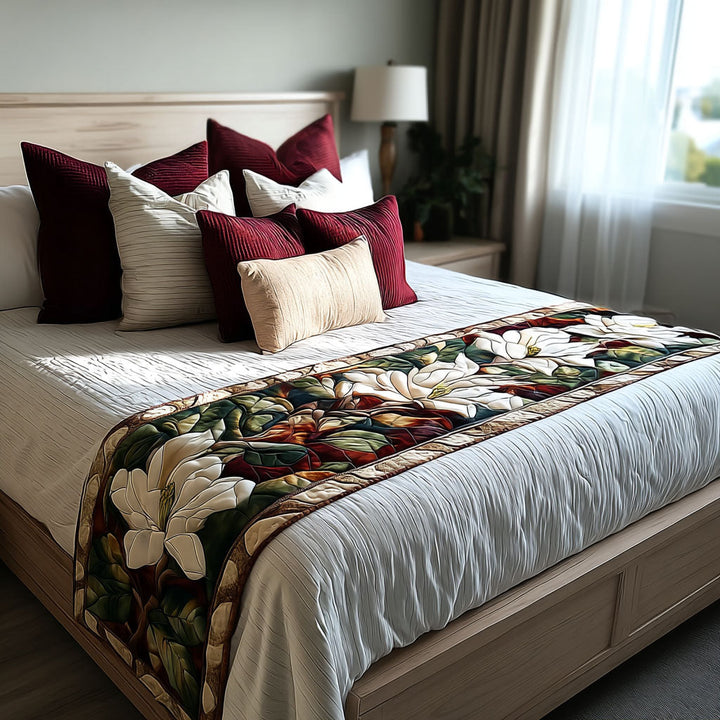 Magnolia Memories quilted bed runner by Louise London