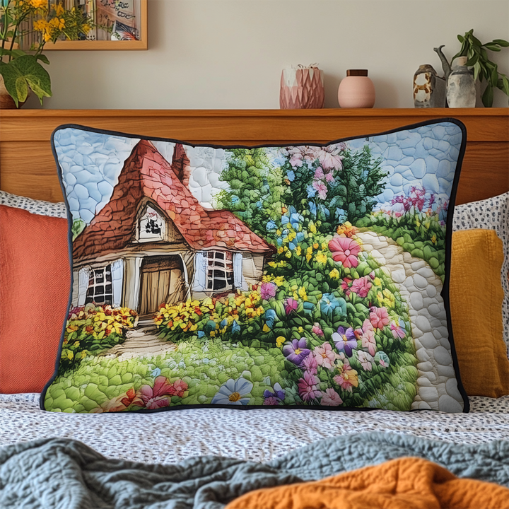 Quilted cushion cover with floral meadow by Louise London