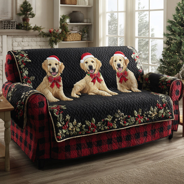 Quilted sofa cover with Golden Retrievers on a midnight blue background – Louise London