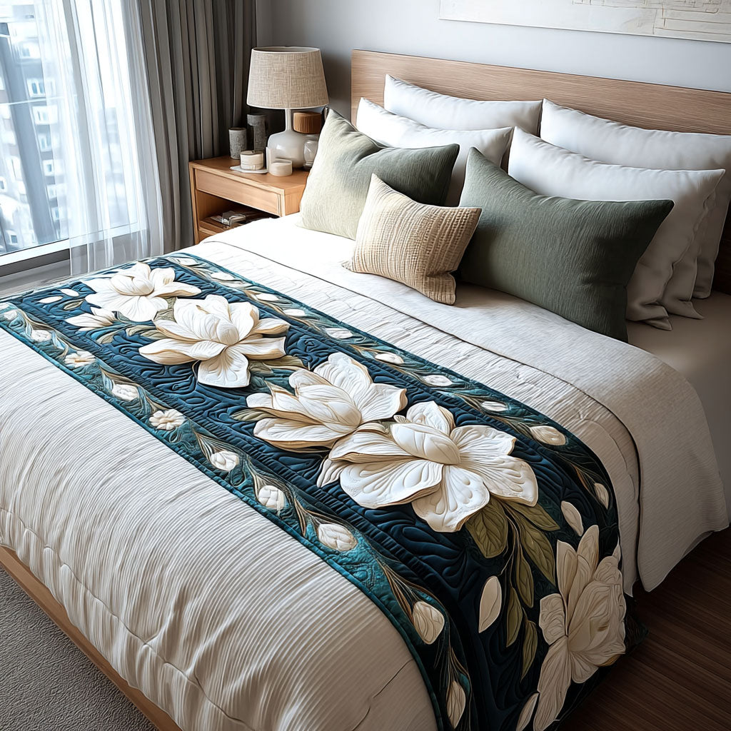 Midnight Magnolia quilted bed runner by Louise London