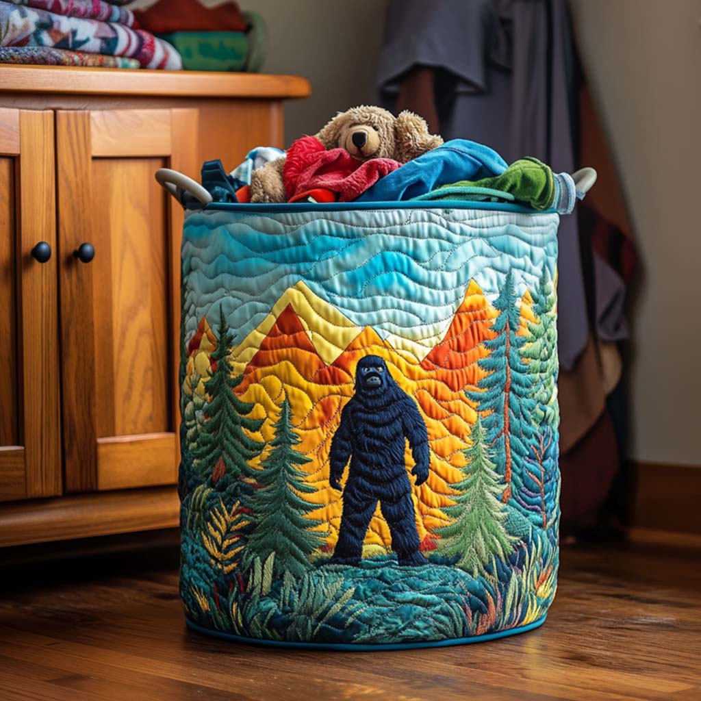 Quilted laundry basket with mountain landscape by Louise London