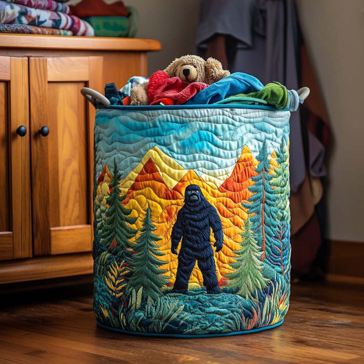 Quilted laundry basket with mountain landscape by Louise London