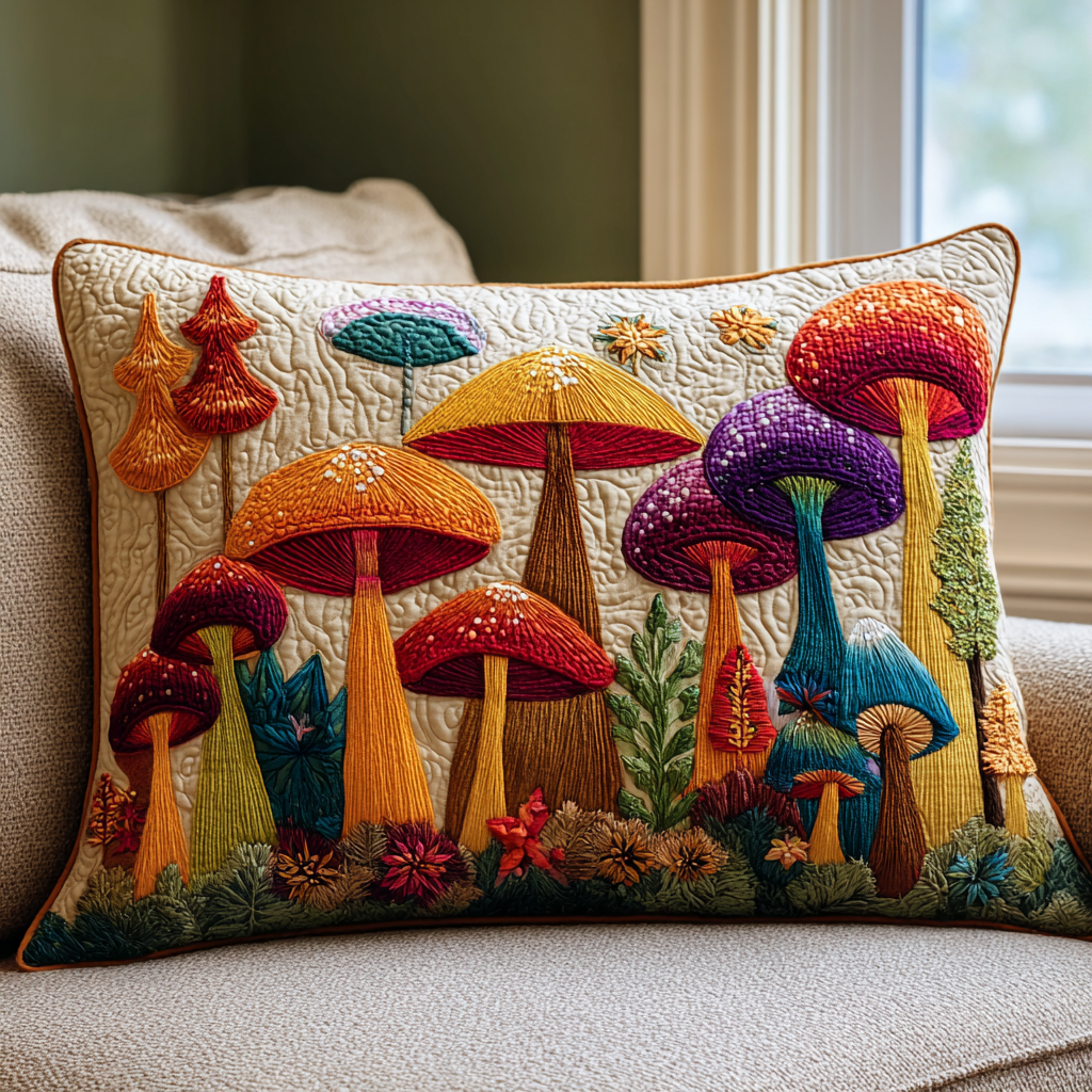 Quilted pillow cover with mushroom garden by Louise London