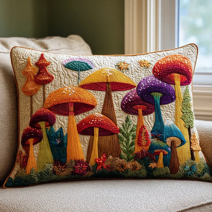 Quilted Cushion Cover with Mushroom Garden by Louise London