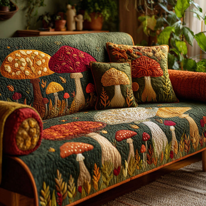 Quilted sofa cover with forest mushrooms – Louise London
