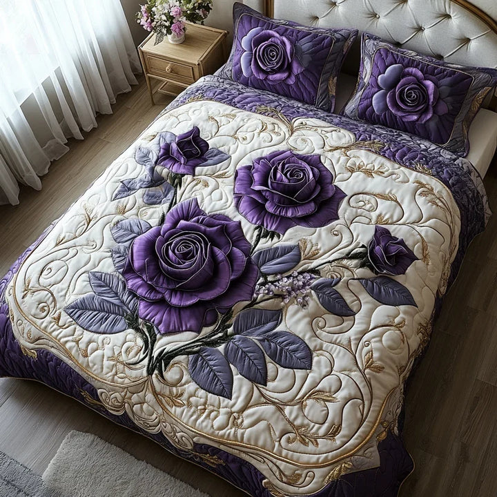 Quilted 3-Piece Bedding Set - Pink Purple