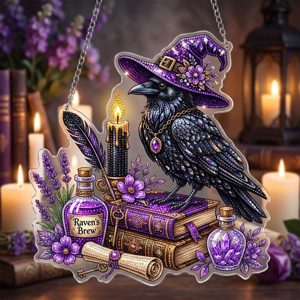 🔥HOT SALE 70% OFF - 🎃✨ Halloween Diamond Art Ornament Kit – Sparkling DIY Window Hanging Decor – 🐦‍⬛🔮 Mystic Witch Raven