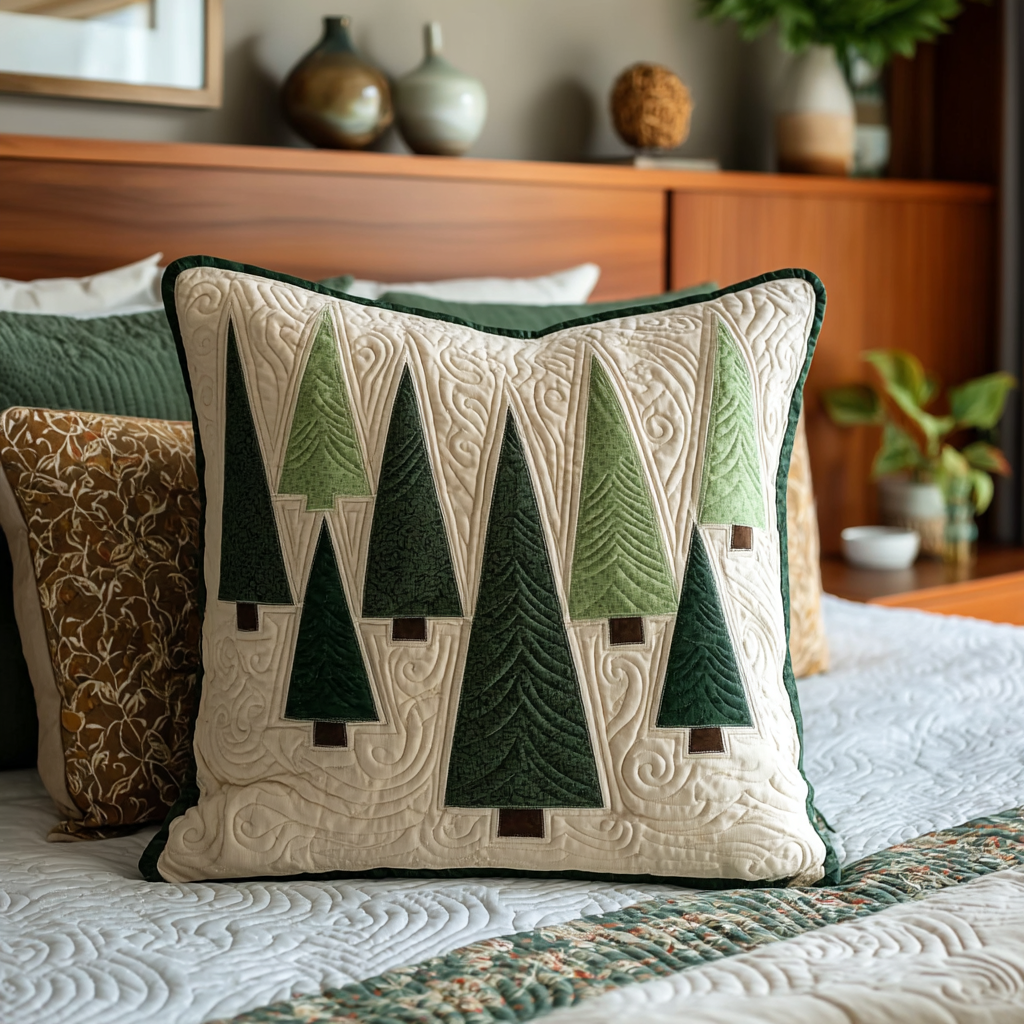 Quilted pillow cover with evergreen forest by Louise London