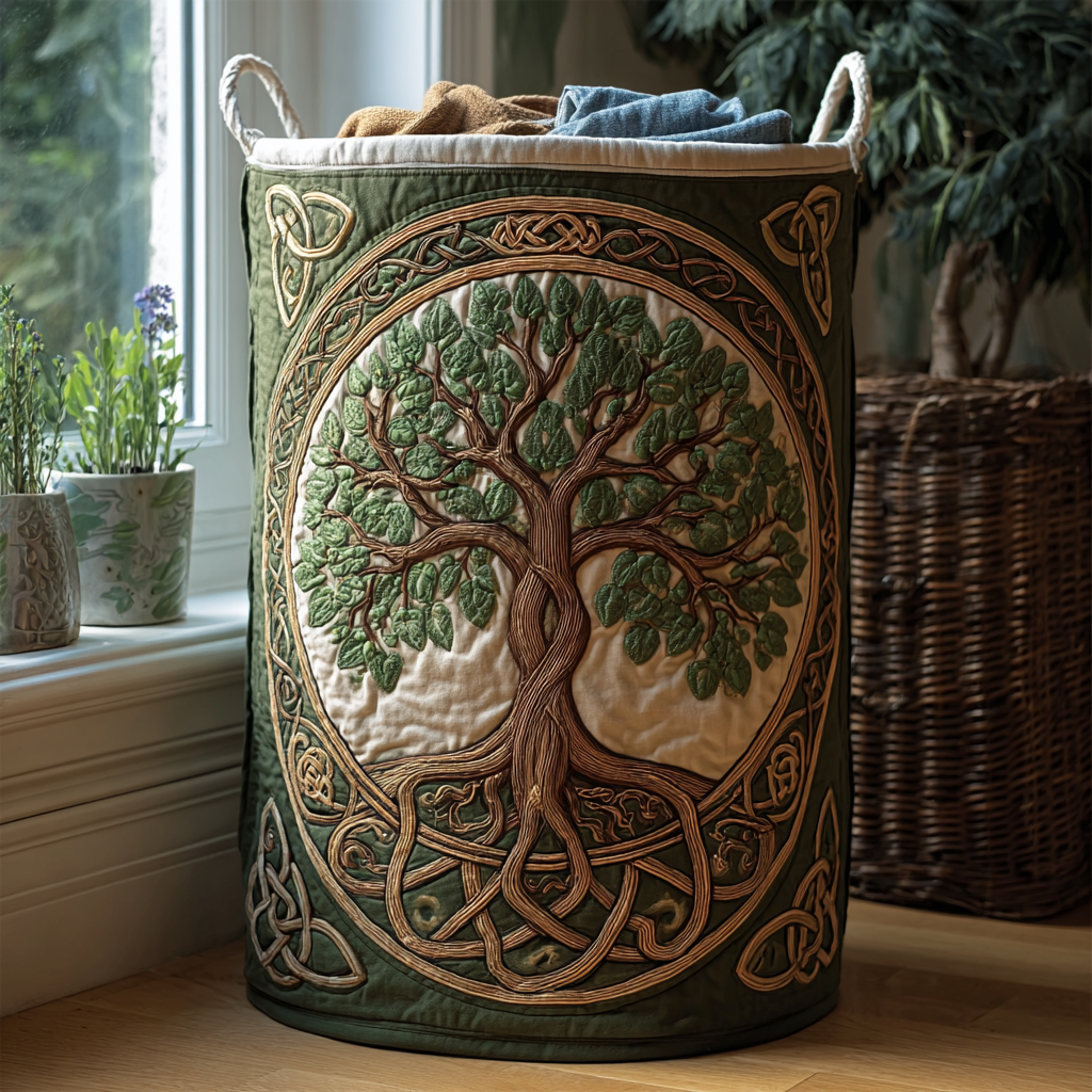 Quilted laundry basket with natural landscape – product image 4