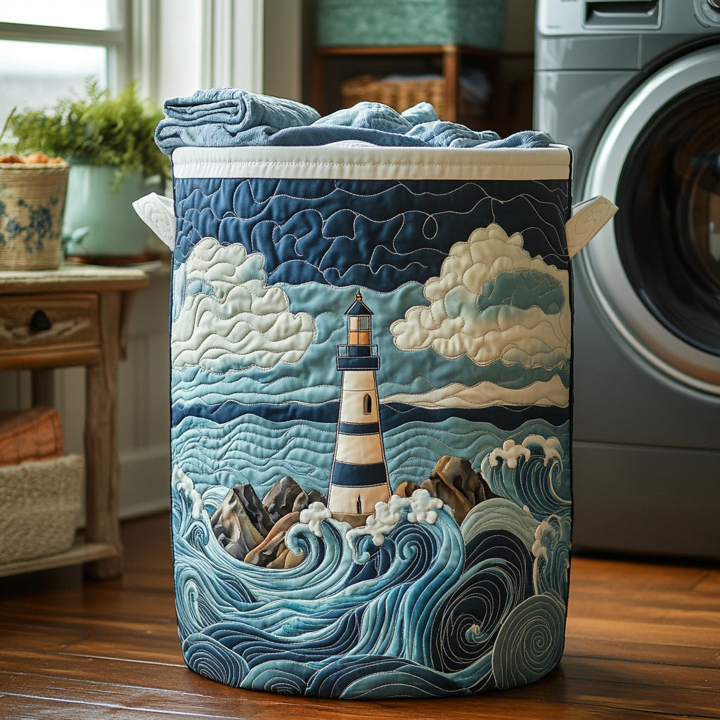 Quilted laundry basket with nautical pattern by Louise London
