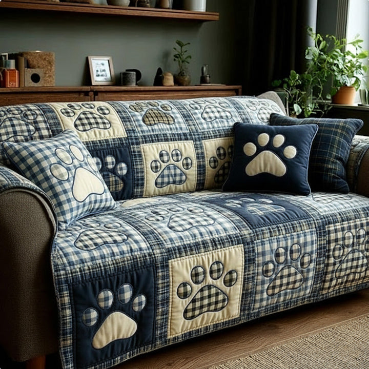 Quilted blue checkered sofa cover with paw and heart NCU0NT11540