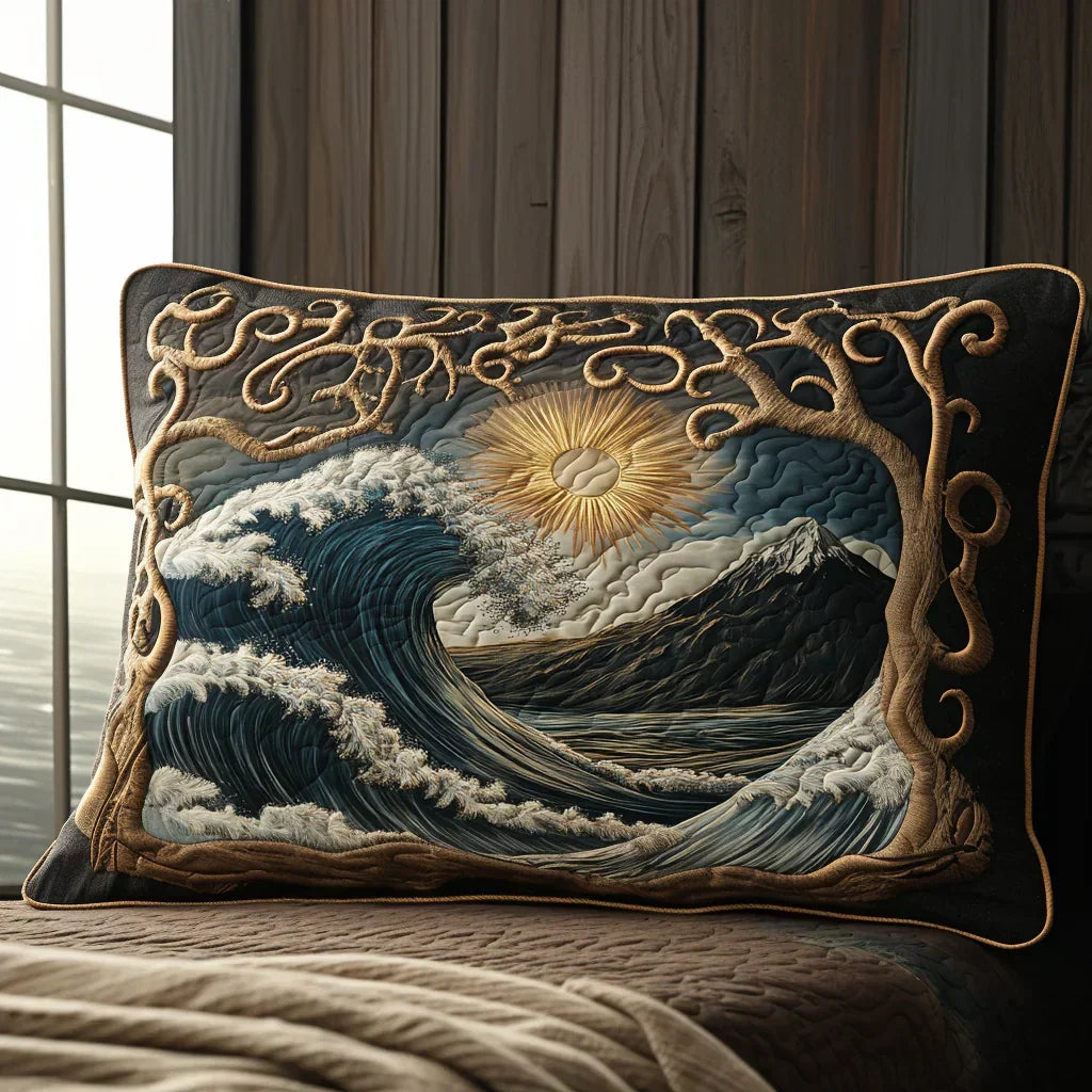 Quilted pillow cover with ocean waves by Louise London