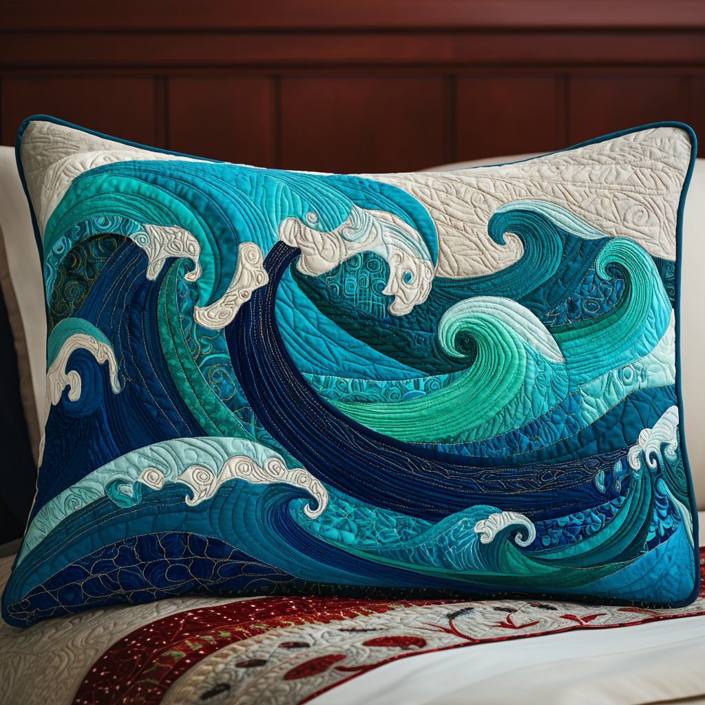 Quilted cushion cover with ocean waves by Louise London