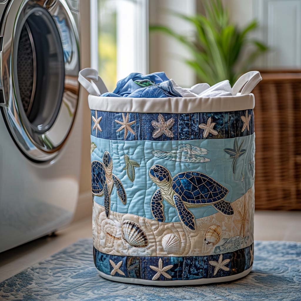 Quilted laundry basket with sea turtle