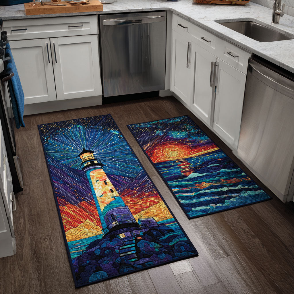 Non-slip kitchen rug with lighthouse on the ocean by Louise London