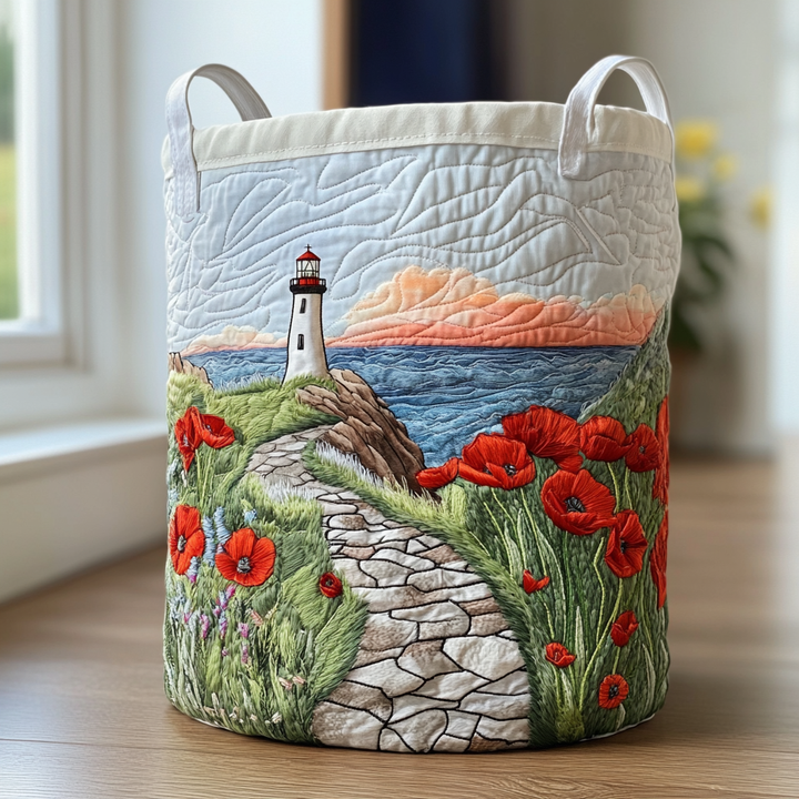 Quilted laundry basket with lighthouse by the sea by Louise London