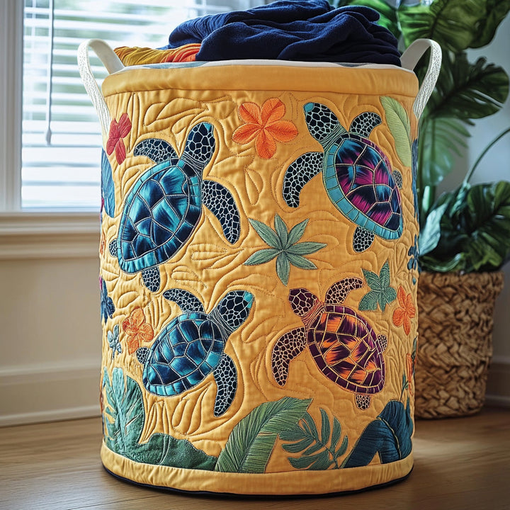 Quilted laundry basket with sea turtle