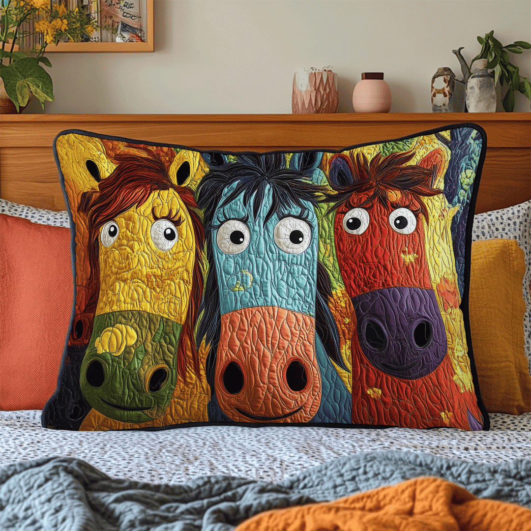 Quilted cushion cover with painted ponies NCU0DV7334