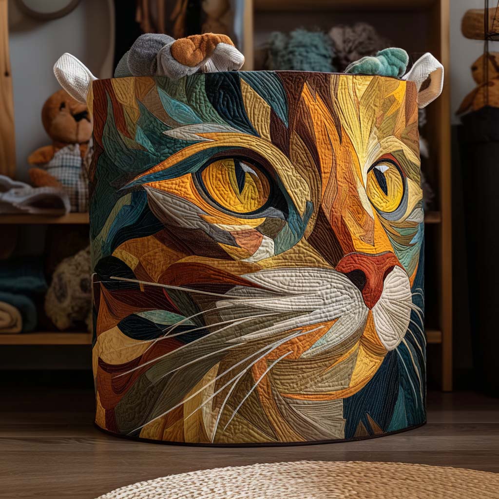 Quilted laundry basket with patchwork cats by Louise London