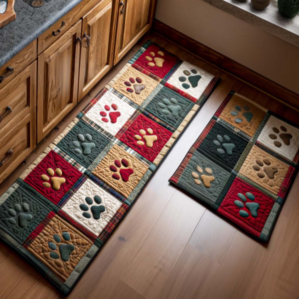 Non-slip kitchen rug with paw prints by Louise London