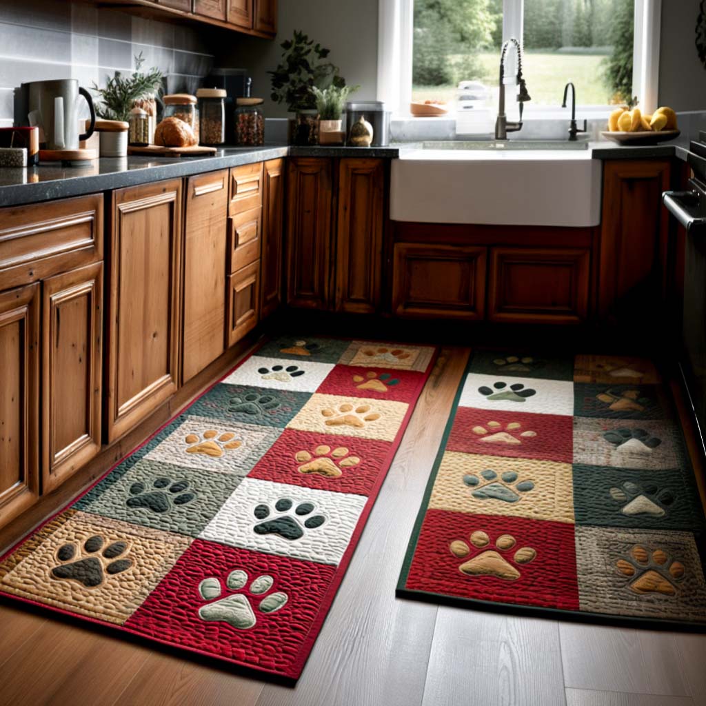 Non-slip kitchen rug with cosy paw prints by Louise London