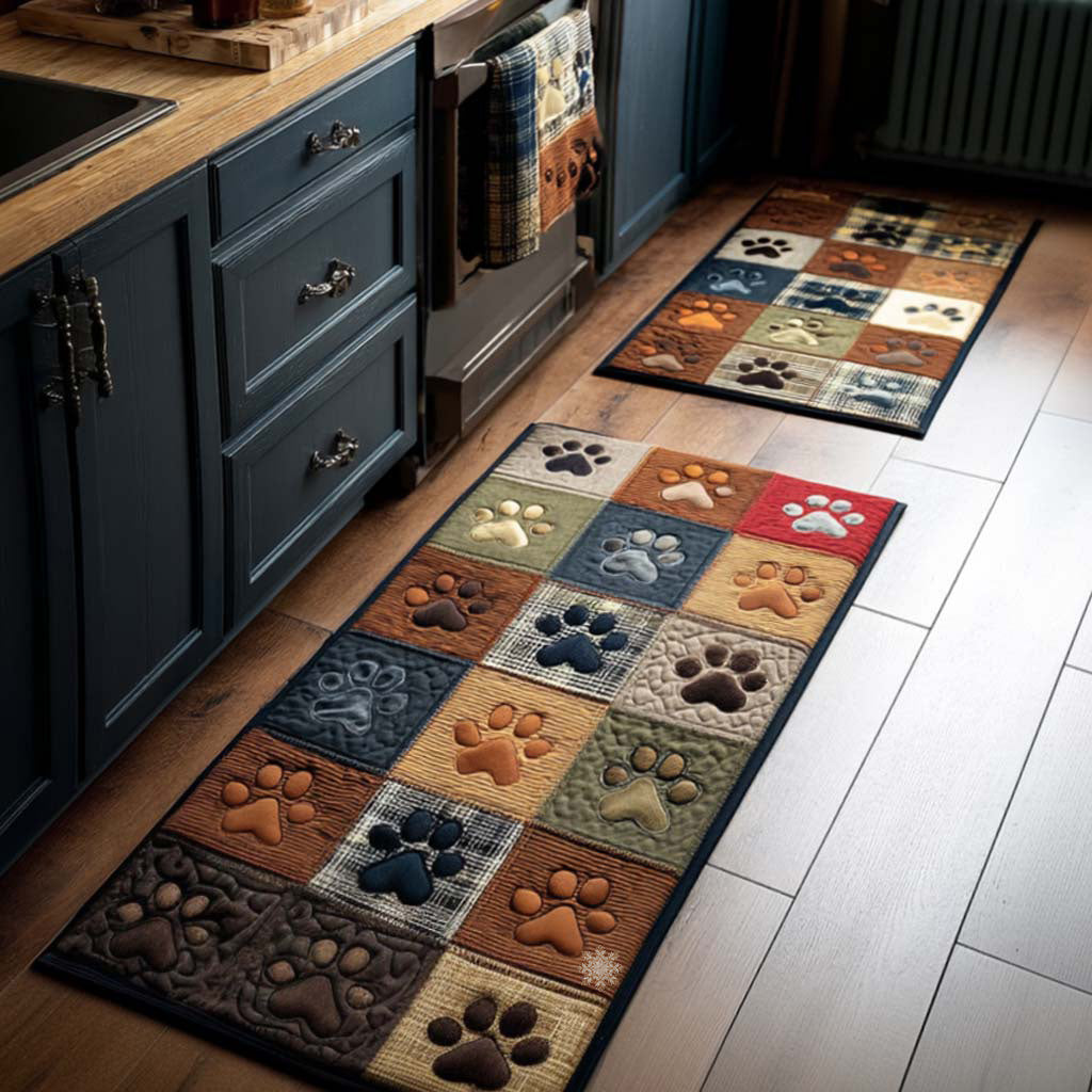 Non-slip kitchen rug with cosy paw prints by Louise London