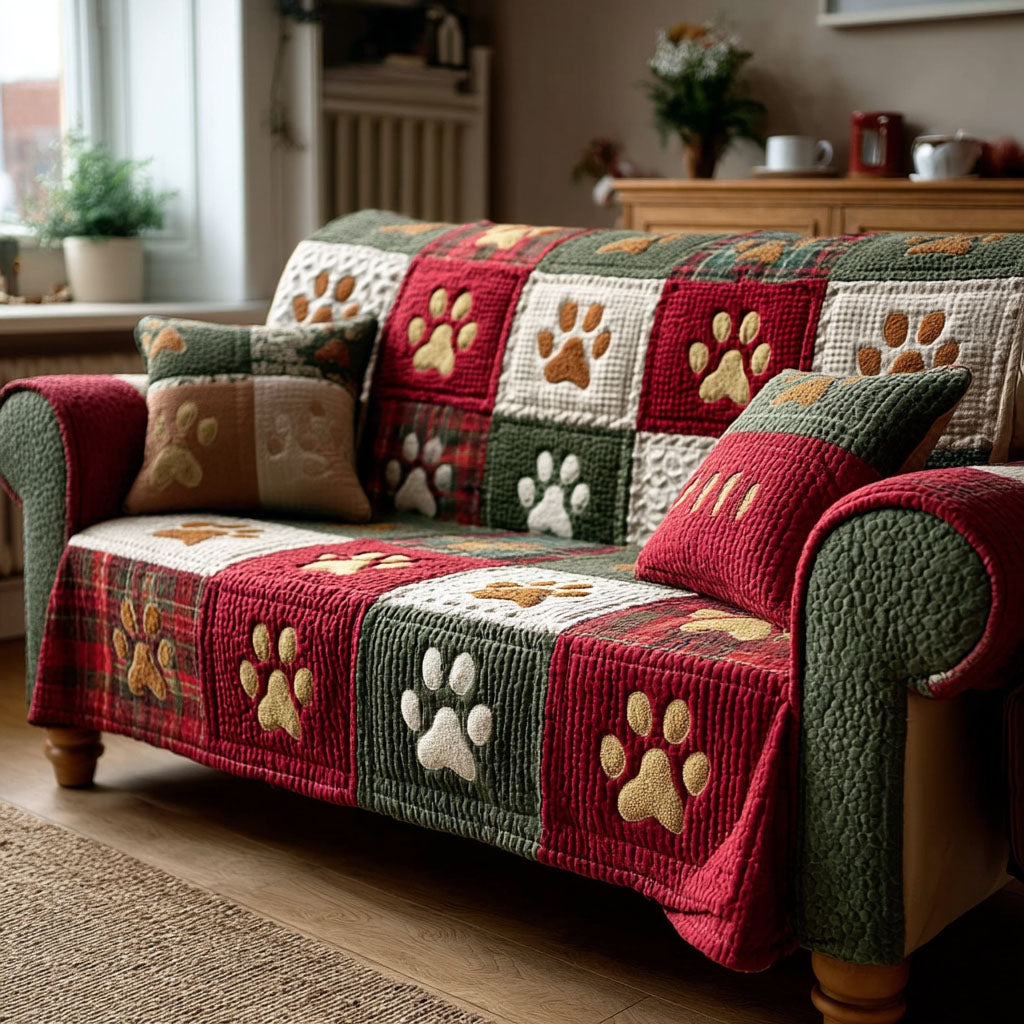 Quilted sofa cover with paw prints
