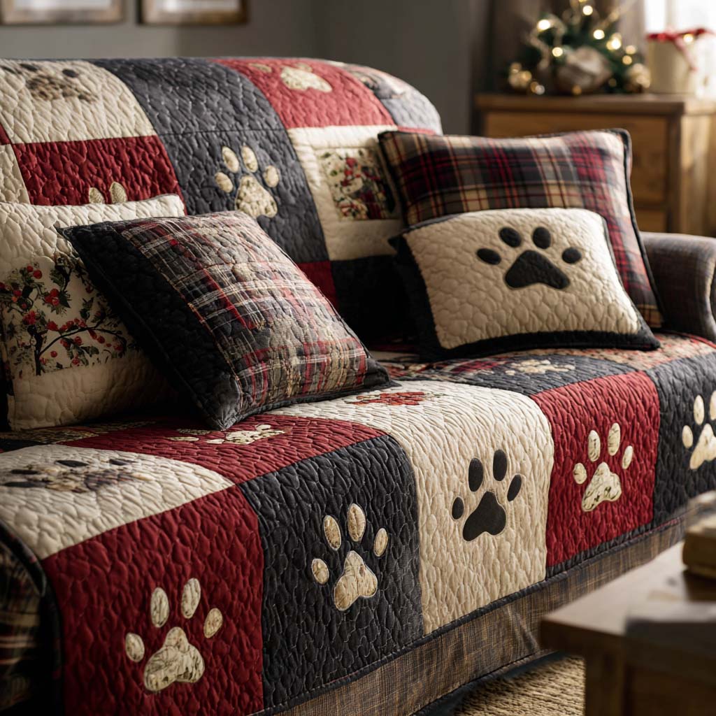 Quilted sofa cover with Christmas paws – Louise London