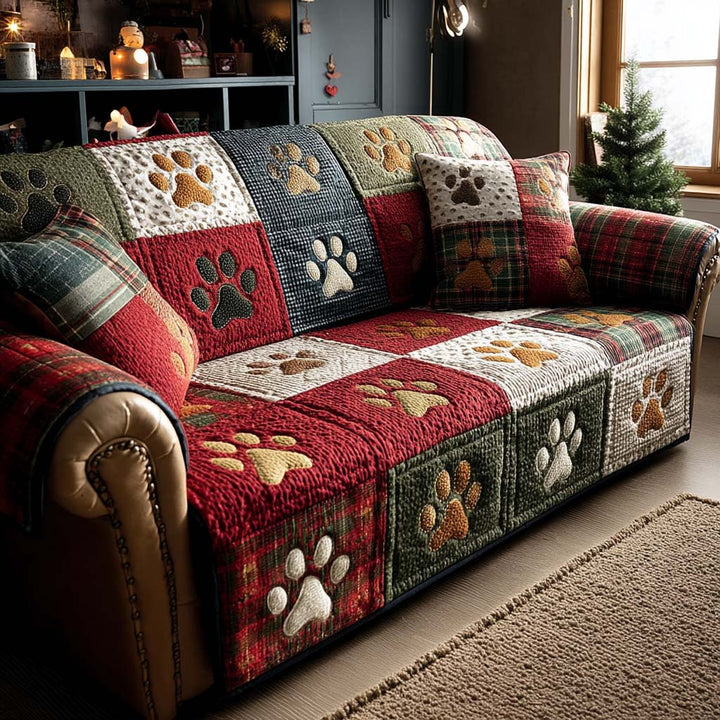 Quilted Sofa Cover with Paw Prints