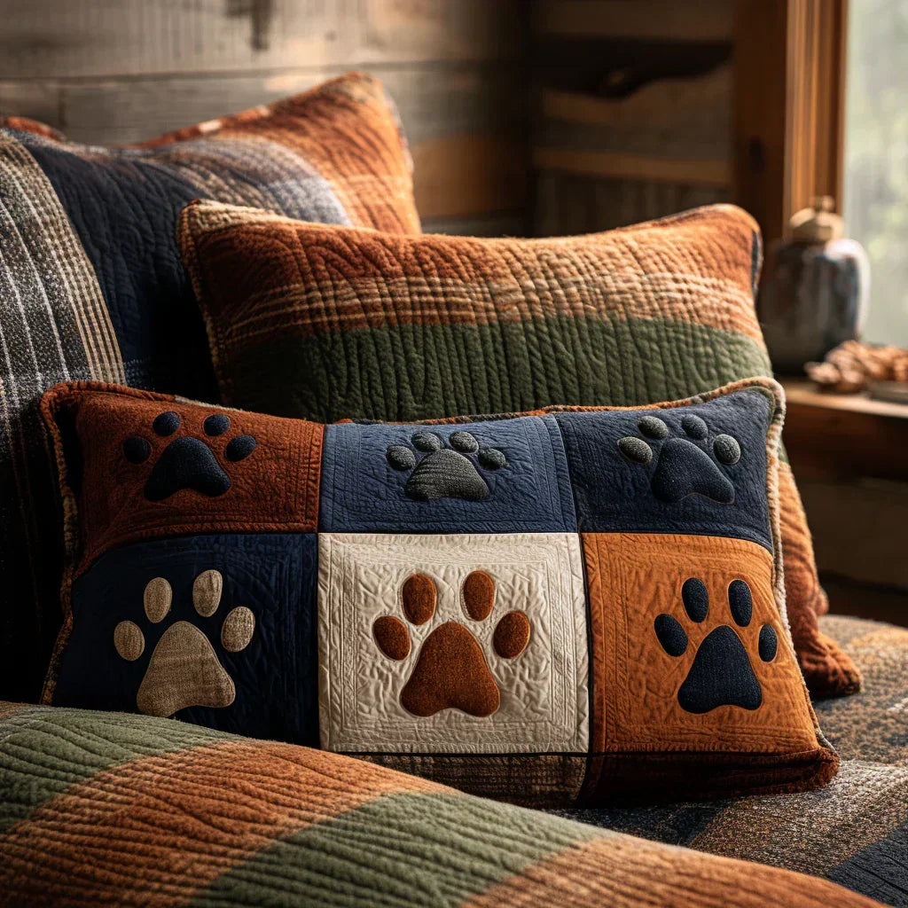 Quilted cushion cover with grass and footprints by Louise London