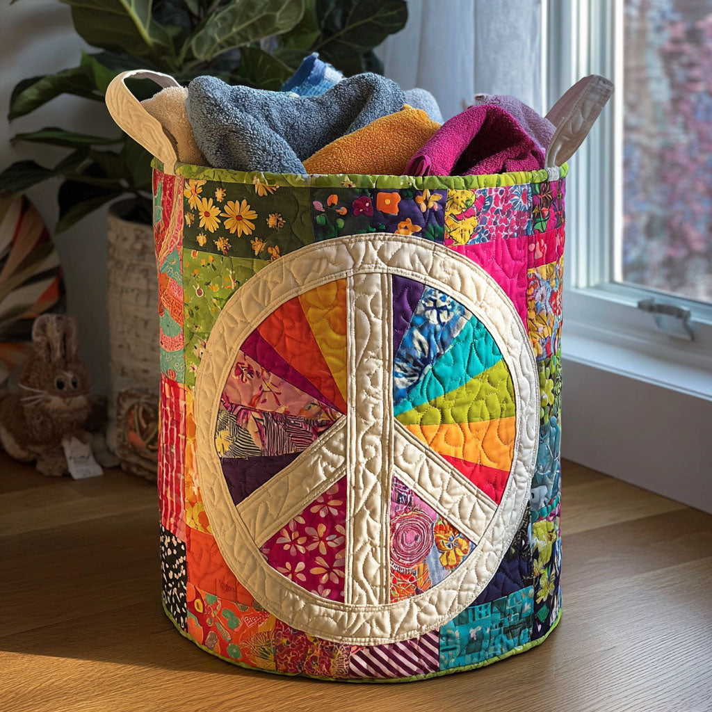 Quilted laundry basket with patchwork design by Louise London