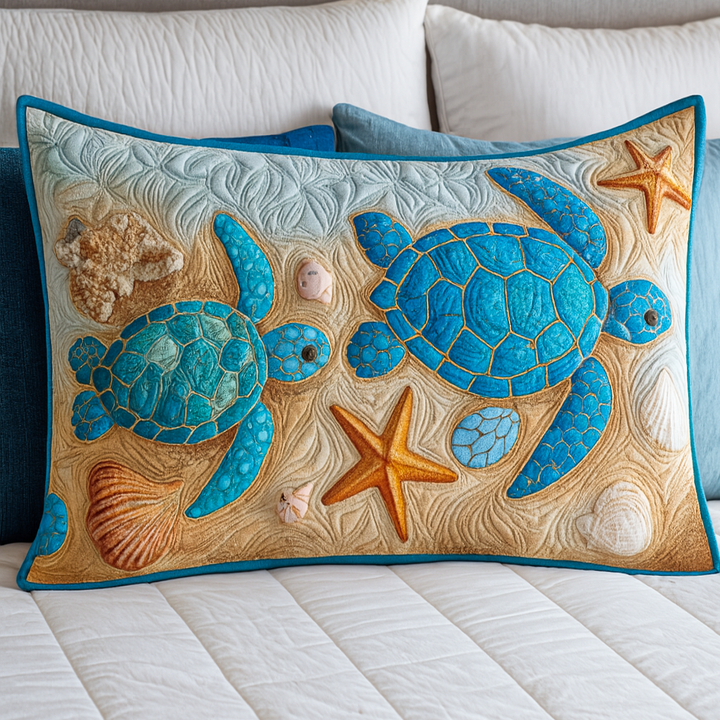 Quilted pillow cover with serene sea turtle by Louise London