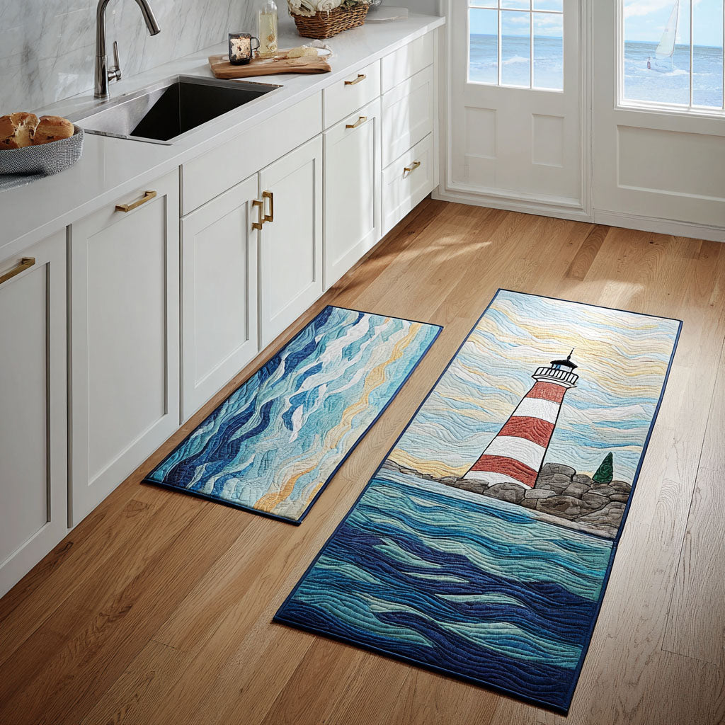Non-slip kitchen rug with lighthouse and serene sea by Louise London
