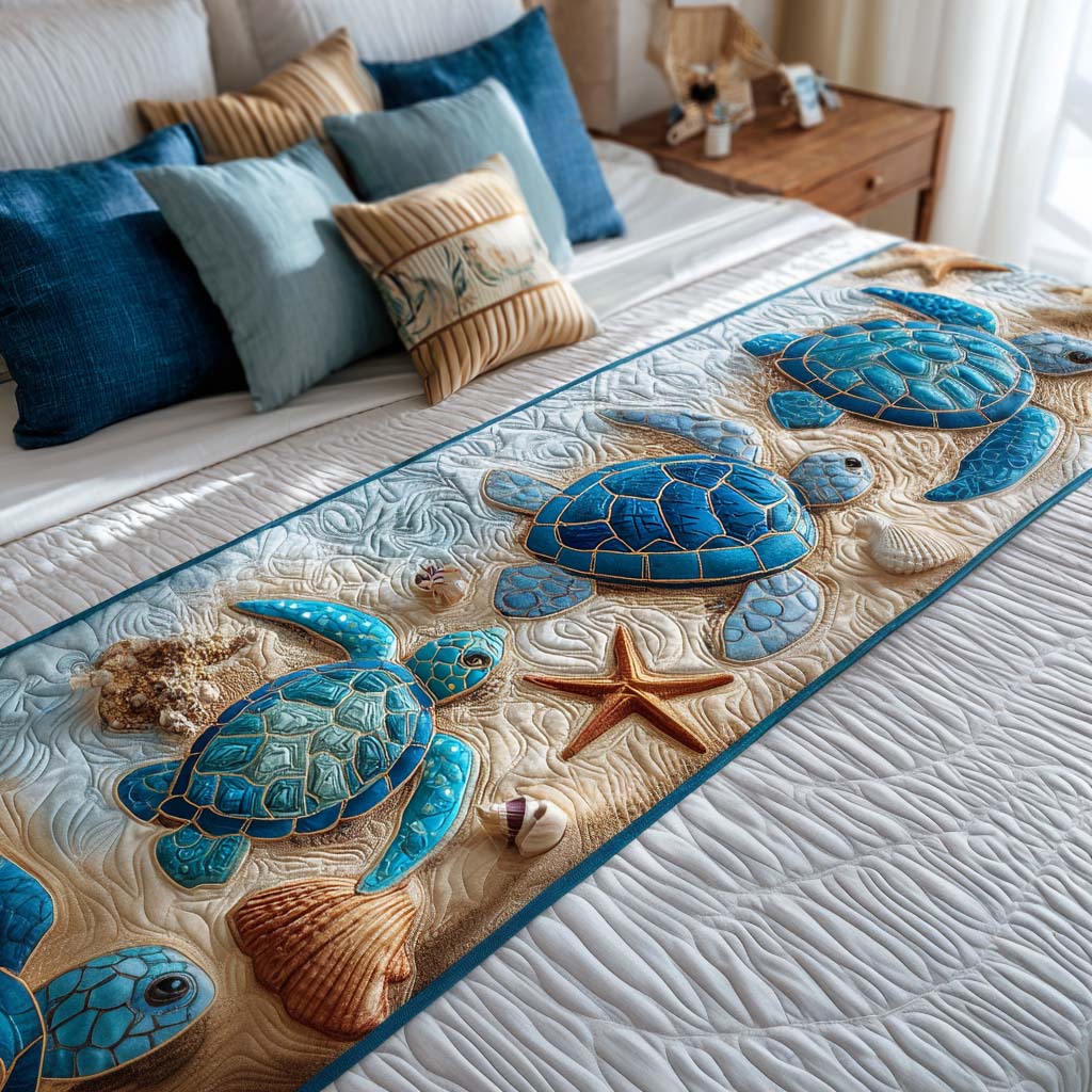 Peaceful Turtle Cove quilted bed runner by Louise London