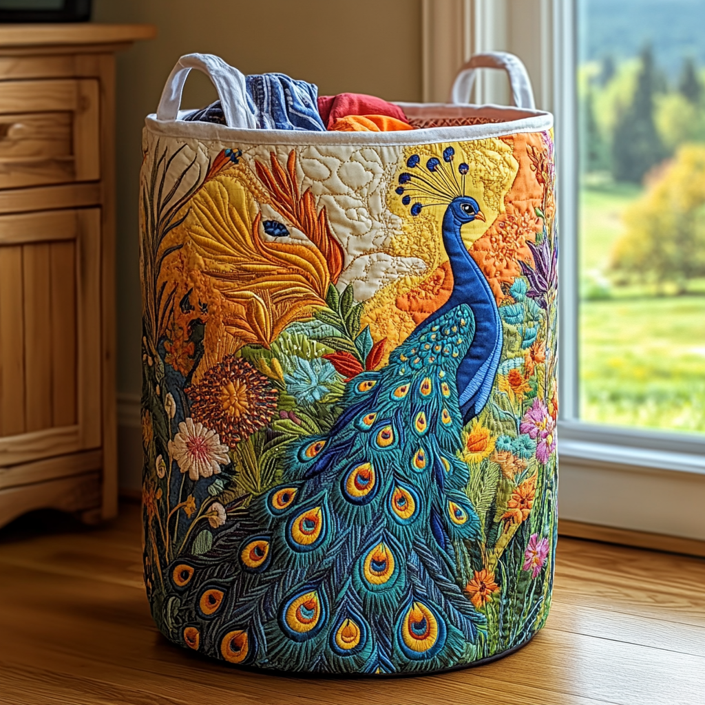 Quilted laundry basket with peacock by Louise London
